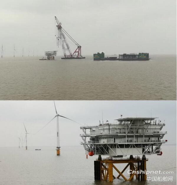 新韩通船舶重工海上风电项目220kv海上升压站完成吊装作业